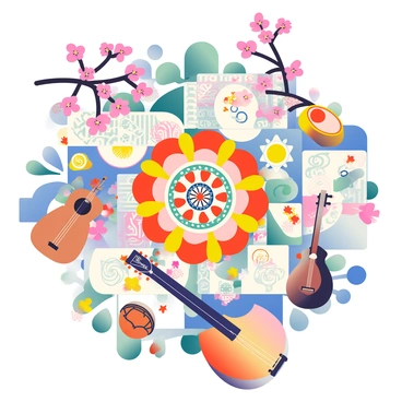 A vibrant composition features a tapestry of cultural elements from various traditions. In the center, a large mandala design incorporates intricate patterns from Indian culture, surrounded by swirling motifs inspired by African textiles. To one side, a traditional Japanese cherry blossom branch extends outward, with delicate pink flowers contrasting against a backdrop of geometric shapes influenced by Middle Eastern art. Various musical instruments, such as a sitar, djembe, and shamisen, are scattered throughout the composition, symbolizing the fusion of sound and cultural identity. Colors from warm earth tones to cool blues create a harmonious balance across the artwork.