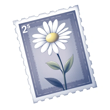 A vintage postage stamp measuring approximately two inches by one inch. The stamp features an intricate botanical illustration of a daisy, capturing the flower's delicate petals and circular arrangement. The daisy is detailed with its central yellow disc surrounded by white petals, each petal finely rendered to show texture and depth. Surrounding the daisy are small, stylized leaves that complement the overall composition. The background of the stamp is filled with subtle patterns, enhancing the vintage aesthetic, while the edges of the stamp are perforated, giving it an authentic postage stamp appearance.