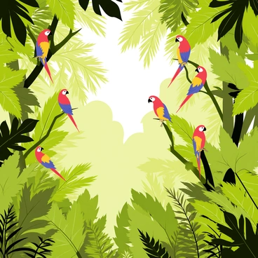 A dense rainforest canopy filled with vibrant green foliage. Various types of leaves are layered, creating a rich texture. Brightly colored parrots with red, blue, and yellow feathers are perched among the branches. Some parrots are in flight, showcasing their colorful wings against the greenery. Sunlight filters through the leaves, casting dappled light patterns on the ground below. Ferns and small plants grow in the understory, adding to the lush environment.