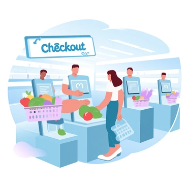 A customer is standing in front of a self-checkout kiosk at a grocery store. The customer has a shopping basket filled with various grocery items, including fruits and vegetables. The kiosk displays a bright screen with instructions on how to scan items. There are several other self-checkout stations visible in the background, each with customers engaged in the scanning process. Above the kiosk, a large sign indicates “Self-Checkout” in bold letters. The store is well-lit with shelves filled with products lining the aisles.