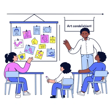 A student standing in front of a display board showcasing their art project. The project features various colorful paintings and sketches pinned to the board. The student is wearing a simple white shirt and jeans, holding a marker in one hand, gesturing to the artwork. The background consists of a classroom setting with desks and chairs. A few classmates are seated and observing the presentation attentively. A banner is hung on the wall, with the words "Baccalauréat Art Presentation" written in bold letters.