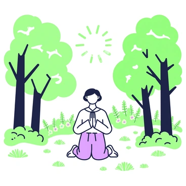 A person is kneeling on the ground in the center of a forest clearing. They are wearing simple, modest clothing and have their hands clasped together in front of them. Surrounding them are tall trees with lush foliage, creating a natural frame around the scene. Sunlight filters through the leaves, casting dappled shadows on the ground. In the background, there are ferns and small wildflowers growing among the underbrush. The atmosphere is quiet, and there is a sense of solitude in the clearing.