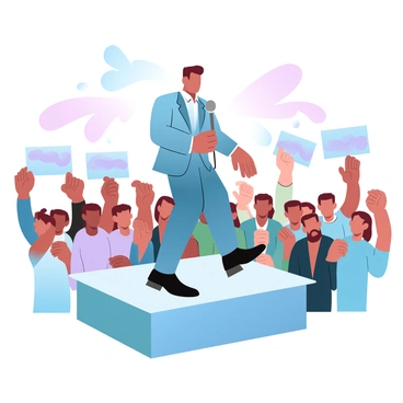 A prime minister is speaking at a rally, standing on a raised platform. The prime minister is wearing a tailored suit and holding a microphone. Surrounding the platform are supporters holding colorful banners with slogans, actively cheering. The crowd is diverse, with individuals of different ages and backgrounds. In the background, there are flags waving, creating a dynamic atmosphere. The setting is vibrant, filled with various shades of color from the banners and flags.