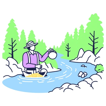 A gold miner is kneeling by a river, actively panning for gold. He is wearing a wide-brimmed hat and rugged clothing suitable for mining. The miner holds a pan in both hands, partially submerged in the water. The river flows steadily, with ripples and reflections of the surrounding landscape. On either side of the river, there are lush forests filled with various trees, their leaves creating a dense canopy. In the background, small rocky outcrops are visible, adding texture to the natural environment. The scene captures a serene moment in nature, highlighting the miner's focused effort.