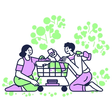 Two friends are sitting on the ground, using a shopping cart as a makeshift picnic table. The cart is filled with various food items, including a green watermelon, purple grapes, and a stack of purple plates. One friend is pouring drinks from a purple thermos while the other is reaching for a green sandwich. They are both smiling and enjoying the moment. In the background, there are trees casting dappled shadows on the ground, creating a relaxed atmosphere for their picnic.