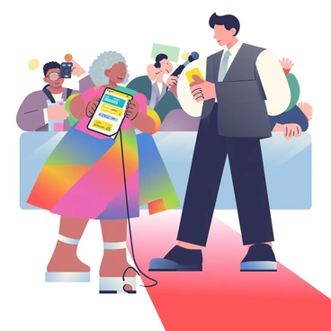 A celebrity with light skin and short, stylish black hair is standing on a red carpet while being interviewed. They are wearing a sleek, tailored black suit with a white shirt and a silver tie. In their right hand, they are holding a smartphone displaying odds for a tennis match. A microphone is directed towards them, held by a journalist with curly hair, wearing a colorful dress. In the background, photographers are capturing the moment with flashing cameras, and a few fans are visible holding signs.