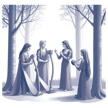 A group of four elven musicians is gathered in a lush forest clearing. Each musician is playing a different instrument: one holds a beautifully carved harp, another plays a flute, the third strums a lute, and the last one beats a hand drum. The elven figures are elegantly dressed in flowing robes that cascade to the forest floor. Surrounding them are tall trees with intricate bark patterns and delicate leaves. Sunlight filters through the branches, casting soft shadows on the ground. The atmosphere is filled with a sense of harmony as the musicians focus on their enchanting melodies.