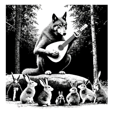 A wolf is seated on a large rock in a forest clearing, holding a lute in its paws. The wolf has detailed fur texture, with sharp eyes looking down at its audience. Surrounding the wolf are several forest creatures, including rabbits and squirrels, all dressed in medieval garments. The rabbits wear tunics and tiny hats, while the squirrels don capes and belts, adding to the whimsical nature of the scene. The trees in the background are tall and lush, with various sizes of leaves surrounding the area, creating an immersive woodland atmosphere. The creatures gaze up at the wolf, captivated by the music being played.