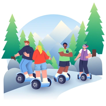 A group of four adventurers is riding Segways along a rugged mountain path. The first adventurer, a man with short brown hair, wears a black jacket and blue jeans. The second, a woman with long blonde hair, is dressed in a red hoodie and cargo shorts. The third adventurer, a man with a beard, sports a green t-shirt and protective gear. The fourth, a woman with curly black hair, has on a purple vest and leggings. They are surrounded by tall, green pine trees that line the path, casting dappled shadows on the ground. The rocky terrain is uneven and slopes gently uphill, leading further into the mountains. The sky above is clear and blue, adding to the adventurous atmosphere of the scene.