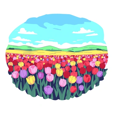 A broad expanse filled with vibrant tulips in various colors reaches towards the horizon. The tulips are in full bloom, with their petals opened wide, displaying shades of red, yellow, pink, and purple. Above the field, a bright blue sky stretches endlessly, dotted with a few fluffy white clouds. The sunlight casts a warm glow across the scene, highlighting the delicate textures of the flowers. In the distance, gentle green hills create a soft backdrop to the colorful display of tulips.