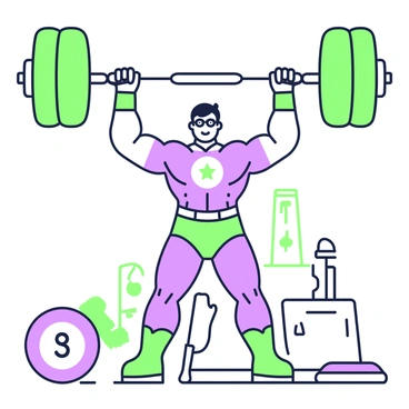 A comic book superhero with a muscular build is lifting a giant barbell above their head with ease. The superhero is wearing a fitted costume that emphasizes their strong physique, featuring a symbol in the center of the chest. The barbell is larger than the superhero, with a thick, round bar and oversized weights on each side. The superhero's facial expression shows determination and confidence. In the background, a gym setting is visible, with other gym equipment and weights scattered around, emphasizing the strength theme.
