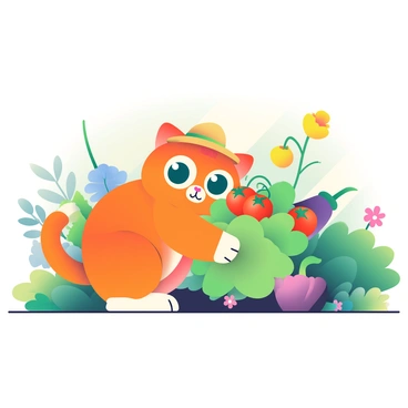 A cartoon cat with bright orange fur and big green eyes is in the center of a vibrant garden. The cat is wearing a small straw hat and is crouched down, picking ripe red tomatoes from a lush green plant. Surrounding the cat are various colorful vegetables, including yellow bell peppers, purple eggplants, and fresh green lettuce. There are also blooming flowers in shades of pink and blue scattered throughout the garden. The sky is clear, and warm sunlight is illuminating the scene, enhancing the colors of the garden.