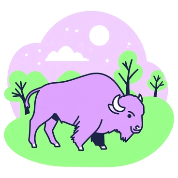 A bison stands in a grassy field under the moonlight. The animal has a thick, shaggy coat and large horns that curve outward. The moon is high in the night sky, casting a soft glow that highlights the bison's silhouette. In the background, there are a few trees with detailed leaves, their shapes outlined against the night sky. There are gentle hills rolling in the distance, and a scattering of stars can be seen twinkling above.