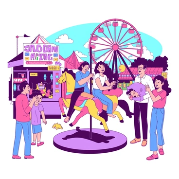 A vibrant amusement park scene filled with families enjoying various rides and games. In the foreground, a group of four people, two adults and two children, are laughing on a colorful carousel adorned with horses, all wearing bright clothing. Nearby, a mother and her young daughter are trying to win a stuffed animal at a game booth, with colorful prizes displayed in the background. To the side, a father is taking a picture of his smiling children as they pose in front of a large, colorful Ferris wheel. The atmosphere is lively, with people all around sharing smiles and laughter.