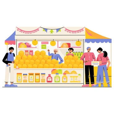 A vibrant farmers' market stall filled with bright yellow yuzu fruits stacked in neat piles. Shelves are adorned with various yuzu products, including jars of yuzu marmalade, bottles of yuzu juice, and packets of yuzu seasoning. Shoppers, a diverse group of people, are seen examining the products and engaging with the vendor. Colorful banners displaying "Fresh Yuzu" hang above the stall. The background features other market stalls with vivid fruits and vegetables, creating a lively scene.
