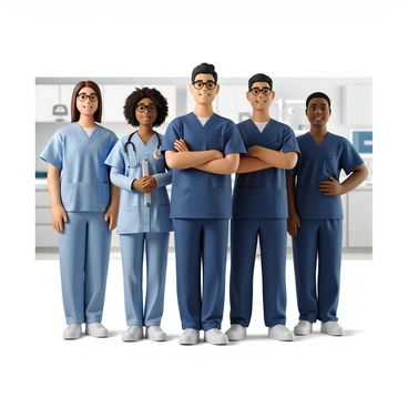 A group of five dental professionals standing together for a photo in a dental clinic. They are all wearing matching scrubs, with two members in light blue scrubs and three members in dark blue scrubs. Each person has a friendly smile, displaying a welcoming atmosphere. The first individual on the left has brown hair tied back and is wearing glasses. The second member, a woman with curly hair, has a stethoscope draped around her neck. The third person is holding a dental tool, while the fourth is crossing their arms confidently. The fifth member on the right has short black hair and a bright smile. The background features dental equipment and a clean, organized environment.