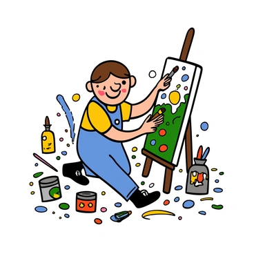 A cartoon boy with light skin and short brown hair is painting energetically on a large canvas. He is wearing a yellow t-shirt and blue overalls, with a paintbrush in one hand. Colorful paint splatters are all around him, creating a vibrant mess on the ground and on his clothes. The background features more art supplies, including paint tubes and brushes scattered around. His expression shows concentration and joy as he adds bright colors to his artwork.