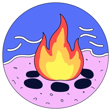 A large bonfire with bright orange flames flickering and casting light against the night sky. Surrounding the bonfire are several smooth, dark stones arranged in a circle. The sandy beach is illuminated softly by the firelight, showing fine grains of sand. Nearby, gentle waves are lapping at the shore, creating a rhythmic pattern. The scene captures the contrast between the warm glow of the bonfire and the cool, dark ocean water.