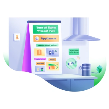 A colorful poster hanging on a kitchen wall, displaying various energy-saving tips. The poster features simple illustrations for each tip, such as "Turn off lights when not in use" accompanied by an image of a light switch, "Use energy-efficient appliances" with a symbol of a refrigerator, and "Unplug devices when not in use" next to an illustration of a power plug. The tips are written in bold, easy-to-read fonts, with vibrant colors like green, yellow, and blue, making the poster visually appealing and informative.