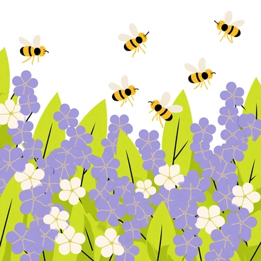 A vibrant scene depicting honeybees buzzing around a dense field filled with purple and white clover flowers. Each honeybee is shown with distinct yellow and black stripes, actively collecting nectar from the blossoms. The clover flowers are abundant, with their delicate petals contrasted by lush green leaves surrounding them. A few bees can be seen hovering mid-air, while others are perched on the flowers, their wings slightly blurred to suggest movement. Sunlight filters through the scene, enhancing the colorful details of the flowers and bees.
