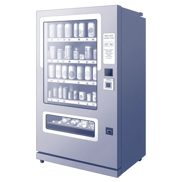 A vending machine with a unique, unconventional design. It features an array of buttons labeled with various items, including canned foods and drinks. The machine has a glass front that showcases the neatly arranged cans inside. Each can varies in size and shape, some are tall and slender, while others are shorter and wider. The machine is positioned against a plain wall, and there are coins and bills visible in the collection slot. A small notice above the machine provides instructions and prices for the items available.
