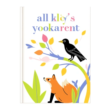 An illustrated cover for a storybook featuring "a crow perched on a colorful branch" with its wings slightly spread. The crow has glossy black feathers and a curious expression on its face. Below the crow, "a sly fox" is depicted sitting on the ground with its bushy orange tail curled around its body. The fox has bright eyes and an inquisitive look as it gazes up at the crow. The background includes "lush green foliage" and "vibrant flowers" surrounding them, creating a whimsical atmosphere. The title of the story is shown at the top in playful lettering.