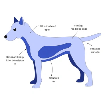An illustration shows the spleen of a dog in its anatomical position. The spleen is depicted as an elongated, oval-shaped organ located on the left side of the dog's body, positioned behind the stomach. The illustration includes labels indicating the spleen's function, such as "filtering blood" and "storing red blood cells." Additionally, the surrounding organs, such as the liver, stomach, and intestines, are outlined for context. The dog's overall silhouette provides a clear view of the spleen's relationship to these other organs.