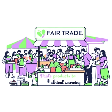 A bustling market scene is filled with numerous stalls, each showcasing an array of vibrant products. In the foreground, there is a large sign that prominently displays the words "fair trade products" and "ethical sourcing." This sign is positioned above a stall overflowing with colorful fruits and vegetables. Vendors are actively engaging with customers, offering samples and sharing stories about their goods. To the left, a stall features handmade crafts, while to the right, another stall displays a selection of local baked goods. Behind these stalls, a diverse crowd of people, including families and tourists, browse and interact, creating a lively atmosphere. Brightly colored awnings provide shade over the various stalls, enhancing the vibrancy of the scene.