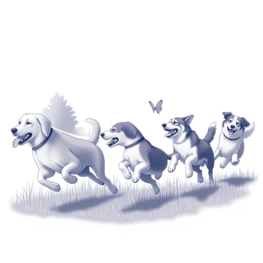 A group of dogs is running and playing in a grassy field. There are various breeds among them, including a golden retriever, a beagle, and a border collie. The golden retriever has its tongue out, displaying excitement. The beagle is playfully chasing a butterfly, while the border collie is performing a leap in the air. The dogs are surrounded by tall grass that sways with a gentle breeze, and there are a few trees in the distance providing shade. The sky above is clear, emphasizing the joyful atmosphere of the scene.
