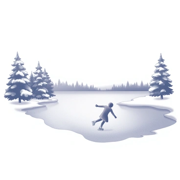 A frozen lake extends across the scene, its surface smooth and glistening. A lone ice skater is depicted gliding effortlessly across the ice, their form poised and balanced. The skater's arms are outstretched for stability, and the motion captures a sense of fluidity and grace. Surrounding the lake, there are snow-capped trees lining the shore, adding a natural frame to the composition. The sky above is clear, complementing the tranquil setting of this winter landscape.