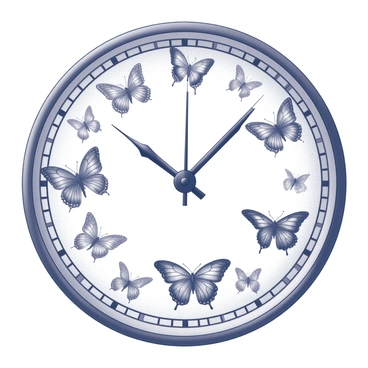 A clock face displays the traditional round shape, with a smooth border framing the design. The hour and minute hands are centered in the middle, showing the time clearly. Instead of standard numerical markers, various butterfly species are positioned around the clock. Each butterfly is distinct, showcasing different wing patterns and shapes, providing a diverse representation of nature’s beauty. The butterflies are meticulously illustrated, capturing their intricate details. The overall composition is balanced, with butterflies evenly spaced around the clock, creating a unique and enchanting timepiece.