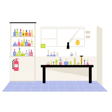 A laboratory setting with white walls and a gray tiled floor. A tall metal shelf is filled with various colorful chemical bottles, some labeled with "Caution" and "Flammable" stickers. A bright red fire extinguisher is mounted on the wall near the shelf, clearly visible. A large work table is in the center, cluttered with glass beakers and test tubes. An exhaust hood is positioned above the work area, and a safety sign can be seen on the wall.