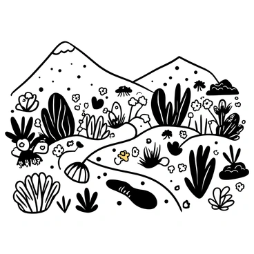 A high-altitude alpine garden filled with small, hardy plants in varying shapes and sizes. There are clusters of colorful flowers interspersed among the greenery. The garden is set against a backdrop of rugged, rocky terrain and distant mountain peaks. A small path winds through the garden, allowing for exploration, and patches of gravel and stones are scattered throughout the area. Small wooden markers identify different plant species nestled among the flora.