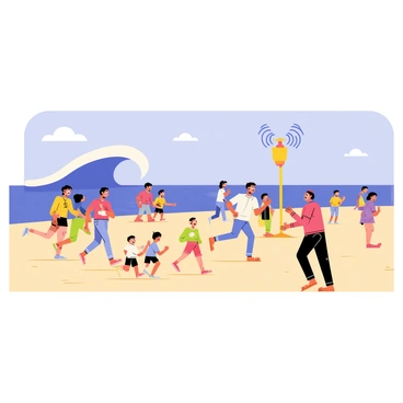 A busy beach scene with a clear blue sky and bright sunlight illuminating the area. Groups of people are running in various directions, displaying expressions of urgency and concern. Some individuals are gathering their belongings quickly, while children are being pulled along by their parents. In the background, large waves are beginning to form in the ocean, indicating the imminent threat of a tsunami. A visible tsunami warning siren stands tall, emitting sound waves, which are represented by wavy lines above it, adding to the sense of urgency in the atmosphere.