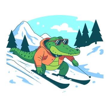 A green crocodile wearing a bright orange ski jacket is skiing down a snowy mountain slope. The crocodile has sunglasses perched on its snout, and it is confidently carving through the snow, leaving behind a trail of fresh powder. Snowflakes are glistening in the sunlight, and in the background, there are tall, white-capped pine trees framing the slope. The crocodile's tail is elegantly lifted, showcasing its balance and skill as it navigates the steep terrain.
