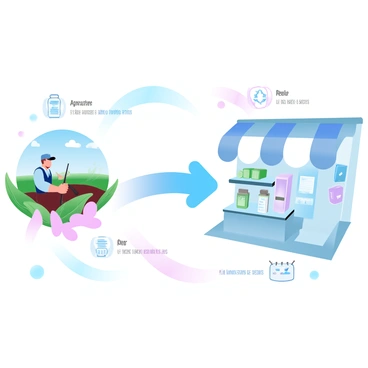 A vibrant infographic displaying the impact of GST on various sectors. The left side shows a section dedicated to agriculture, featuring a farmer in a field surrounded by crops, with icons representing benefits such as reduced tax rates and streamlined processes. The right side illustrates the retail sector, showcasing a retail store filled with products and a cash register, accompanied by icons indicating increased compliance and ease of transactions. In the center, a large flowing arrow connects both sectors, symbolizing the overall impact of GST.
