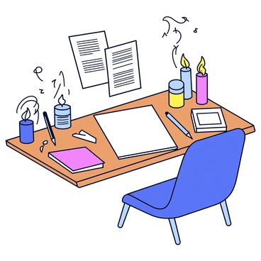 An artist's workspace is filled with various art supplies scattered on a wooden table. There are several lit candles, their flames flickering gently, casting a warm glow around the room. Soft sheets of music are visible, resting on a nearby stand, indicating calming melodies are playing in the background. The artist's sketchbook lies open, with the first blank page ready for a new illustration. A comfortable chair is positioned beside the table, inviting creativity. The overall atmosphere exudes a sense of preparation and inspiration.