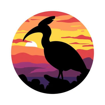 A black silhouette of a hornbill is prominently positioned in the foreground, its beak extended outward. In the background, there is a breathtaking sunset displaying a gradient of vibrant colors, transitioning from a deep orange at the horizon to a soft yellow higher in the sky. The sun is partially visible, casting warm hues that blend seamlessly into the sky. The silhouette of the hornbill contrasts sharply against this radiant backdrop, emphasizing its distinctive shape.