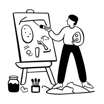 An artist standing in front of a large canvas, holding a paintbrush in one hand and a palette in the other. The canvas displays a partially completed black-and-white illustration, with various shapes and patterns sketched in bold lines. The artist is surrounded by jars filled with paintbrushes and other art supplies scattered around on the floor. An easel is positioned next to the canvas, and there are crumpled sheets of paper nearby, indicating the preparation for the art exam.
