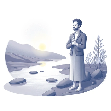 A figure named "Samson" stands by a flowing stream, engaged in a morning ritual. He has a calm expression, reflecting focus and tranquility. The stream flows gently beside him, with clear water glistening in the early light. The sunlight begins to rise above the horizon, casting soft shadows and illuminating the surrounding area. There are rocks of various sizes along the bank, and a few trees can be seen in the background, their branches gently swaying in the morning breeze. Samson's hands are positioned in a meditative gesture, enhancing the peaceful atmosphere of the scene.
