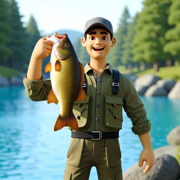 A fisherman with light brown skin and short dark hair stands by a sparkling blue lake, wearing a green fishing vest and a grey cap. He is holding up a large, vibrant fish with shiny scales, displaying it proudly with a wide, joyful smile on his face. The lake behind him reflects the sunlight, creating a glimmering effect on the water's surface. Lush green trees surround the lake, completing the picturesque scene.