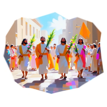 A group of people dressed in period costumes is reenacting the Palm Sunday procession on a bustling city street. The participants are holding palm branches and wearing traditional garments that reflect the historical attire of the time, including flowing robes, tunics, and sandals. They are walking in a line, with some individuals playing the roles of biblical figures, while others are carrying banners and musical instruments. Colorful flowers and greenery decorate the scene, and the street is lined with onlookers observing the event. The sun is shining brightly, casting natural light on the vibrant costumes and the lively atmosphere of the procession.