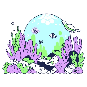 An underwater kingdom filled with a vibrant coral reef landscape. The coral formations exhibit a variety of shapes and textures, rising from the ocean floor and creating a rich habitat. Exotic marine life can be seen swimming throughout the scene, including fish with unique patterns and shapes darting in and out of the coral. A sea turtle glides gracefully above the reef, while a school of small, colorful fish swims nearby among the corals. Sunlight filters through the water's surface, casting beams of light that illuminate the scene and highlight the intricate details of the underwater environment.