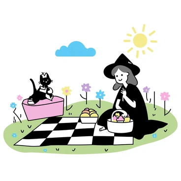 A picnic scene featuring "Meg," a witch with a black hat and a long dress, sitting on a checkered blanket. Beside her is "Mog," a black cat, lounging playfully. The blanket is spread out on a grassy meadow filled with vibrant flowers. Meg is holding a basket filled with colorful fruits and pastries, while Mog curiously inspects a small cupcake. The sun is shining brightly in a clear blue sky above them.