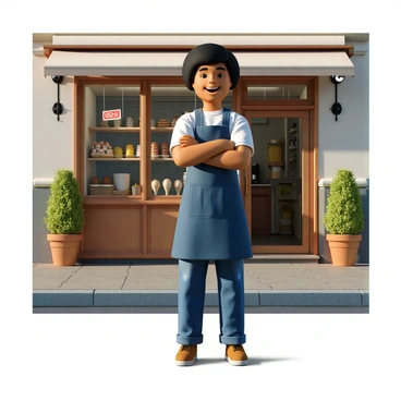 A small business owner with medium skin and short black hair, wearing a blue apron over a white shirt. They are standing confidently in front of their quaint shop, which has a sign that says "Open" hanging in the window. The shop has a large glass display showcasing colorful pastries and handmade goods. The entrance features cheerful potted plants on either side. The owner is smiling and has their arms crossed, exuding pride and warmth. Sunlight casts a gentle glow on the scene, highlighting the inviting atmosphere.