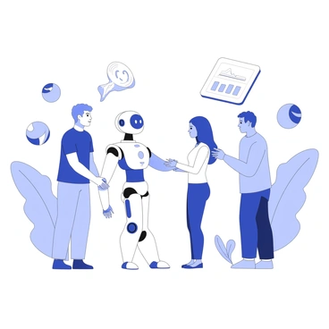 A conceptual illustration of artificial intelligence interacting with humans is depicted. In the center, there is a humanoid robot with a sleek design, standing beside a group of diverse individuals. The robot features a digital face displaying a friendly expression. One human is reaching out to shake hands with the robot, while another is observing with curiosity. The background consists of abstract geometric shapes symbolizing data and technology. A digital interface is shown hovering near the robot, displaying various icons and graphs.