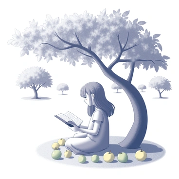 A girl sitting under an apple tree with a sturdy trunk and a canopy of leaves above her. She is wearing a simple dress and has long hair cascading over her shoulders. She is holding an open book in her hands, absorbed in reading. The ground around her is covered with fallen apples, some green and some yellow. The sunlight filters through the branches, casting dappled shadows on the ground. In the background, there are more apple trees, creating a sense of an expansive orchard.