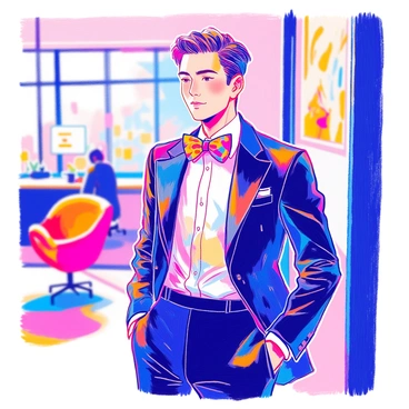 A sleek business suit paired with a bold, patterned bow tie