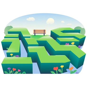 A lush green garden maze is composed of tall, meticulously trimmed hedges forming winding paths. Brightly colored flowers in shades of yellow, red, and purple peek out from the edges of the maze. The sun casts soft shadows on the ground, highlighting the intricate design of the maze. Above, a clear blue sky stretches out, with a few soft, white clouds drifting lazily. In the distance, a simple wooden bench is nestled between the hedges, inviting a moment of rest in this vibrant setting.