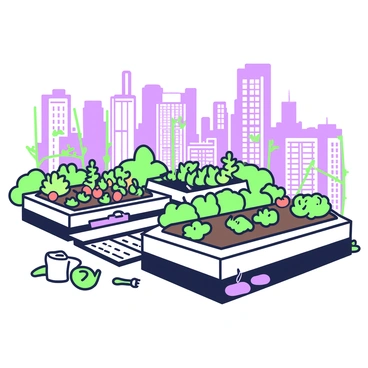 A rooftop farm is situated atop a city building, showcasing a variety of crops growing in raised beds. The raised beds are neatly arranged with colorful vegetables such as leafy greens, tomatoes, and herbs. In the background, the skyline of the city is visible, featuring buildings of various heights and architectural styles. There are pathways made of wood planks connecting the raised beds, and a few garden tools are placed nearby. A small watering can rests beside one of the beds, and there are green trellises supporting climbing plants. The scene is vibrant with greenery throughout the rooftop space.